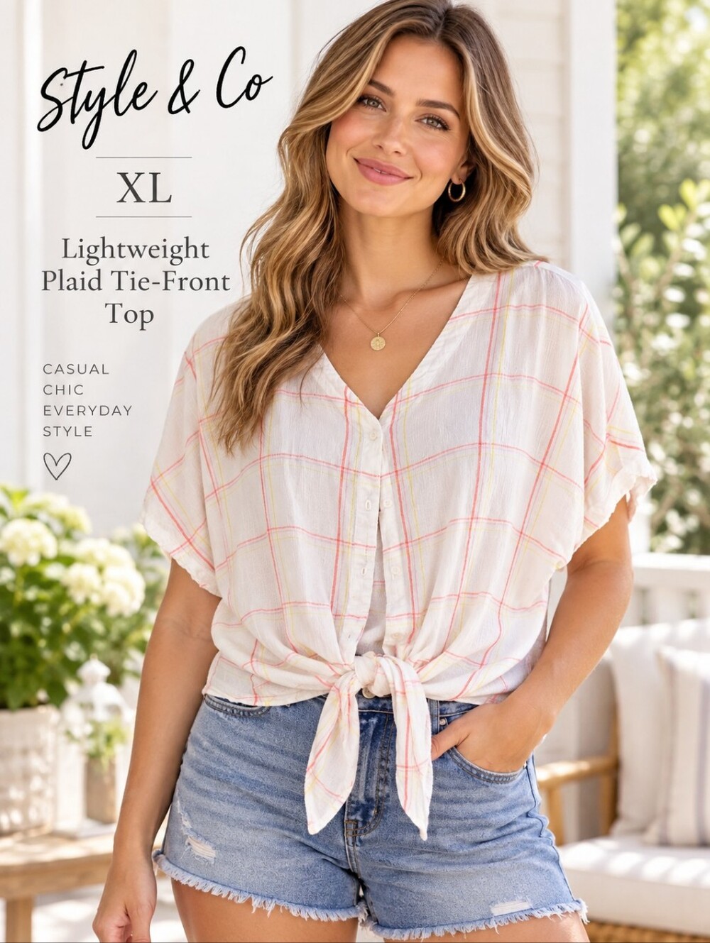 Style & Co White, Pink And Yellow Plaid Button Front Top
